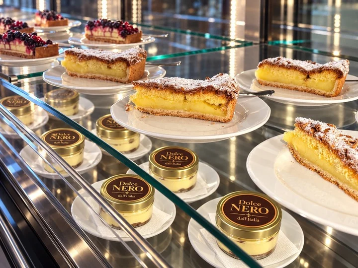 DOLCE NERO Tiramisu im Glas und Stücke in der Auslage