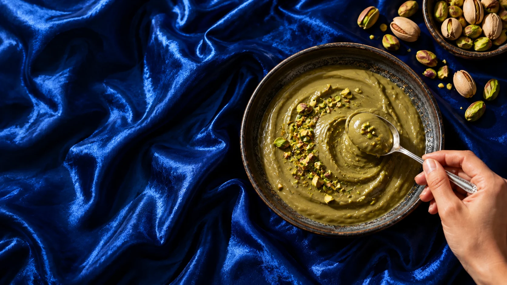 Pistaziencreme in einer Schale auf blauem Samt