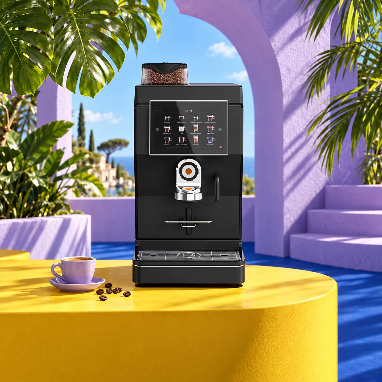 Kaffeeautomat auf einer sonnigen Terrasse vor farbigem Hintergrund